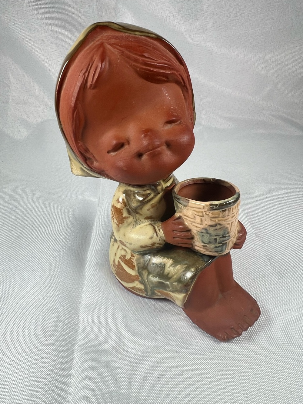 Vintage 1970s Japanese Redware Clay Figurine Candle/Flower Holder Girl